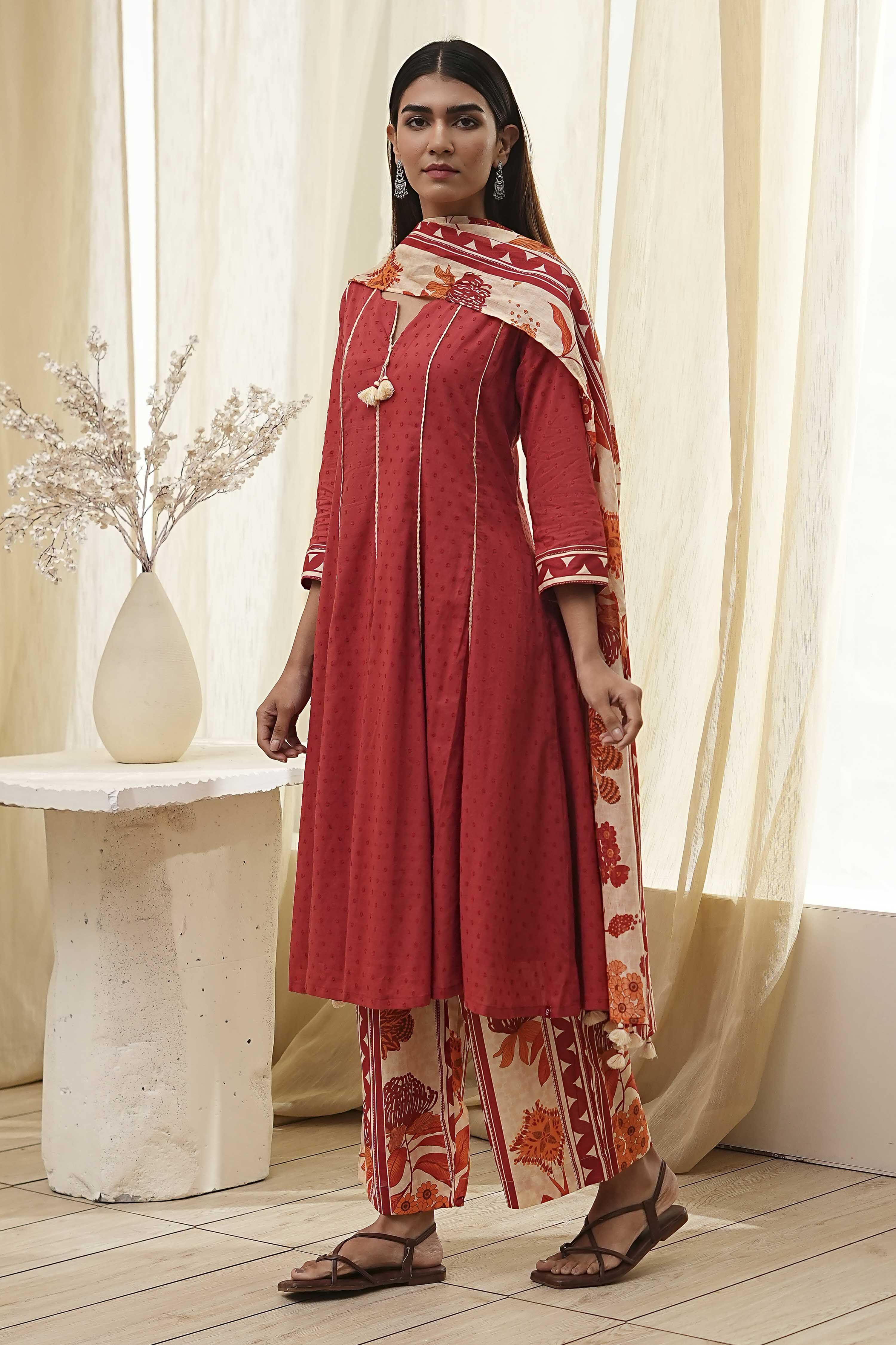 Rust Cotton Yarn-Dyed Kalidar Suit Set image number 3