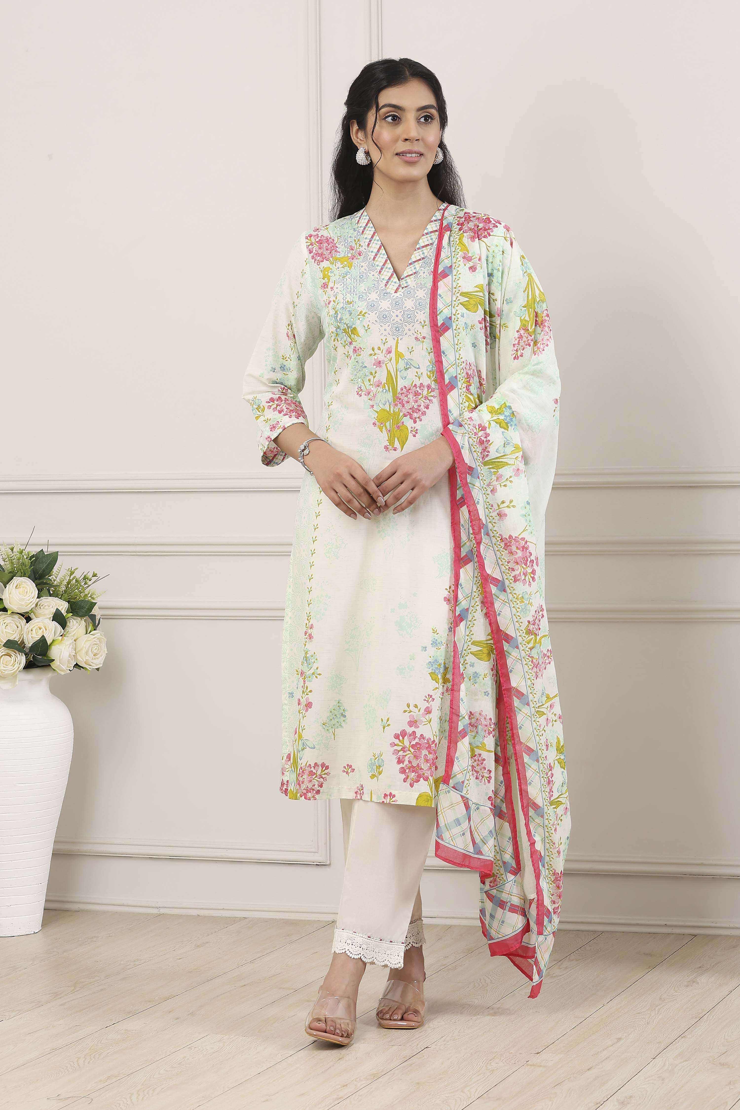 White Cotton Floral Printed Straight Suit Set image number 6