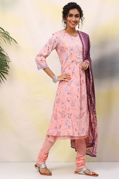 Pink Cotton A-Line Kurta Churidar Suit Set image number 7