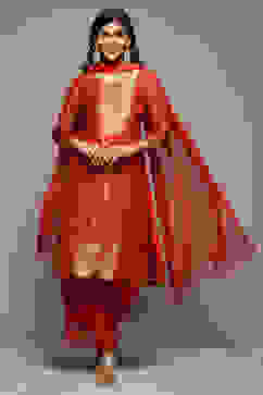 Rust Viscose & Metallic Straight Kurta Palazzo Suit Set image number 0