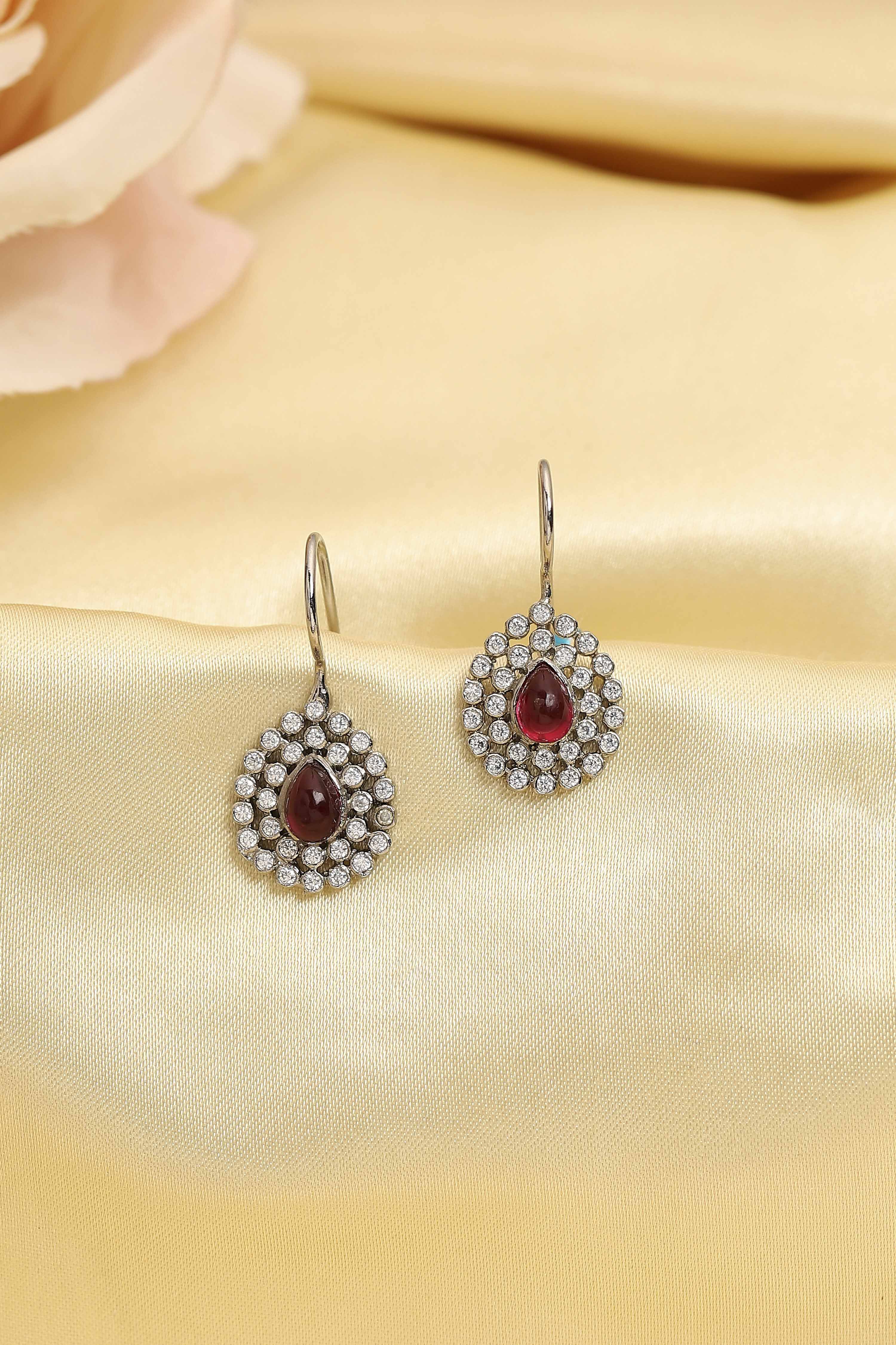 Red Silver Plated Brass Studded Drop Earrings image number 0