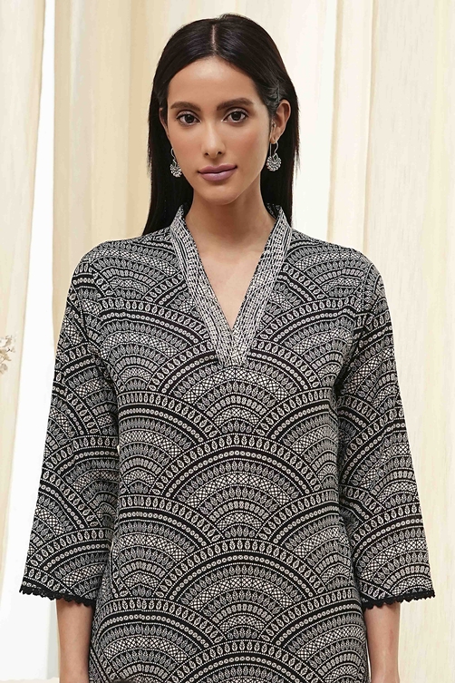 Black Cotton Printed Straight Kurta image number 1