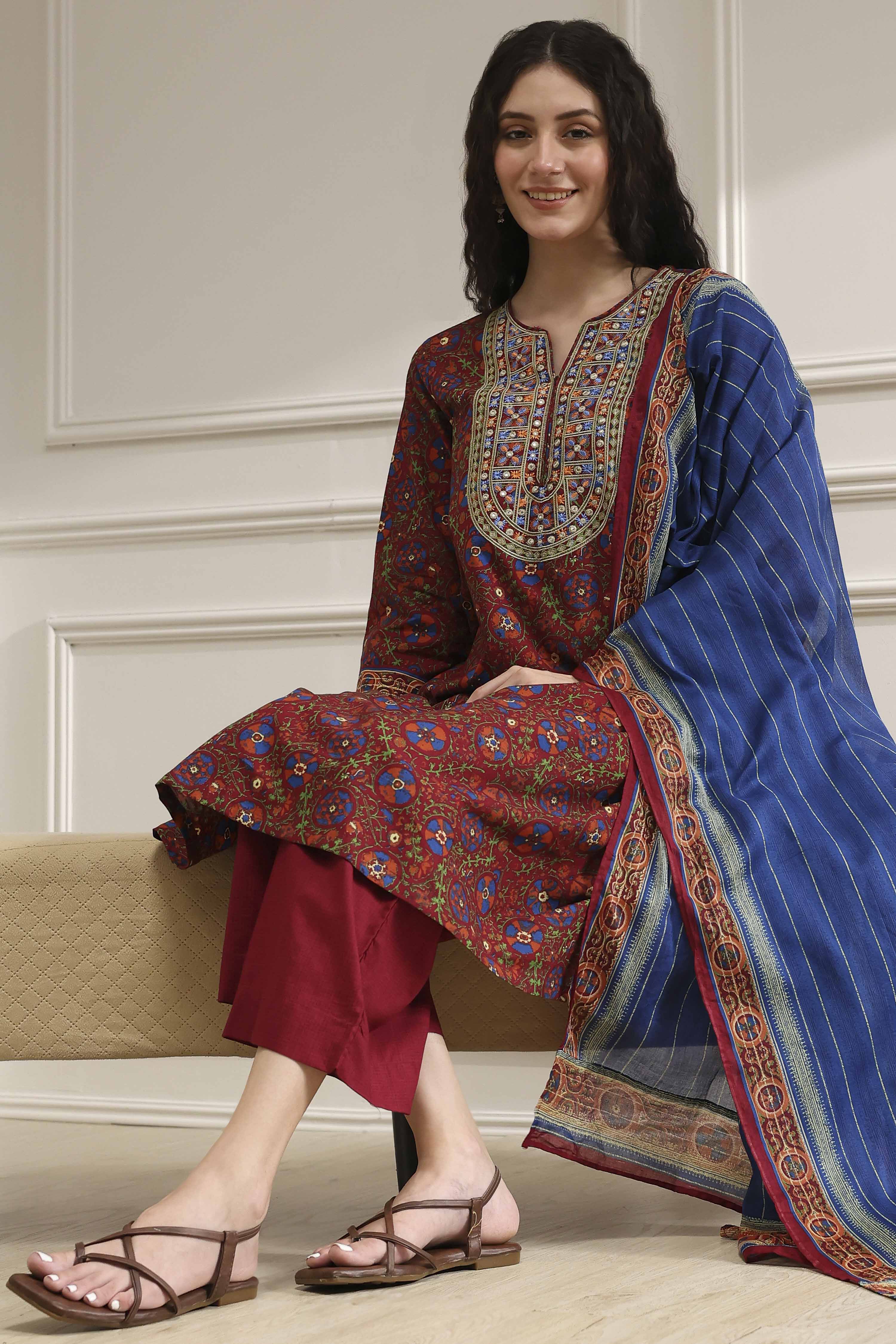 Rust and Blue Cotton Printed A-Line Suit Set image number 0