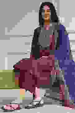 Rust and Blue Cotton Printed A-Line Suit Set image number 0