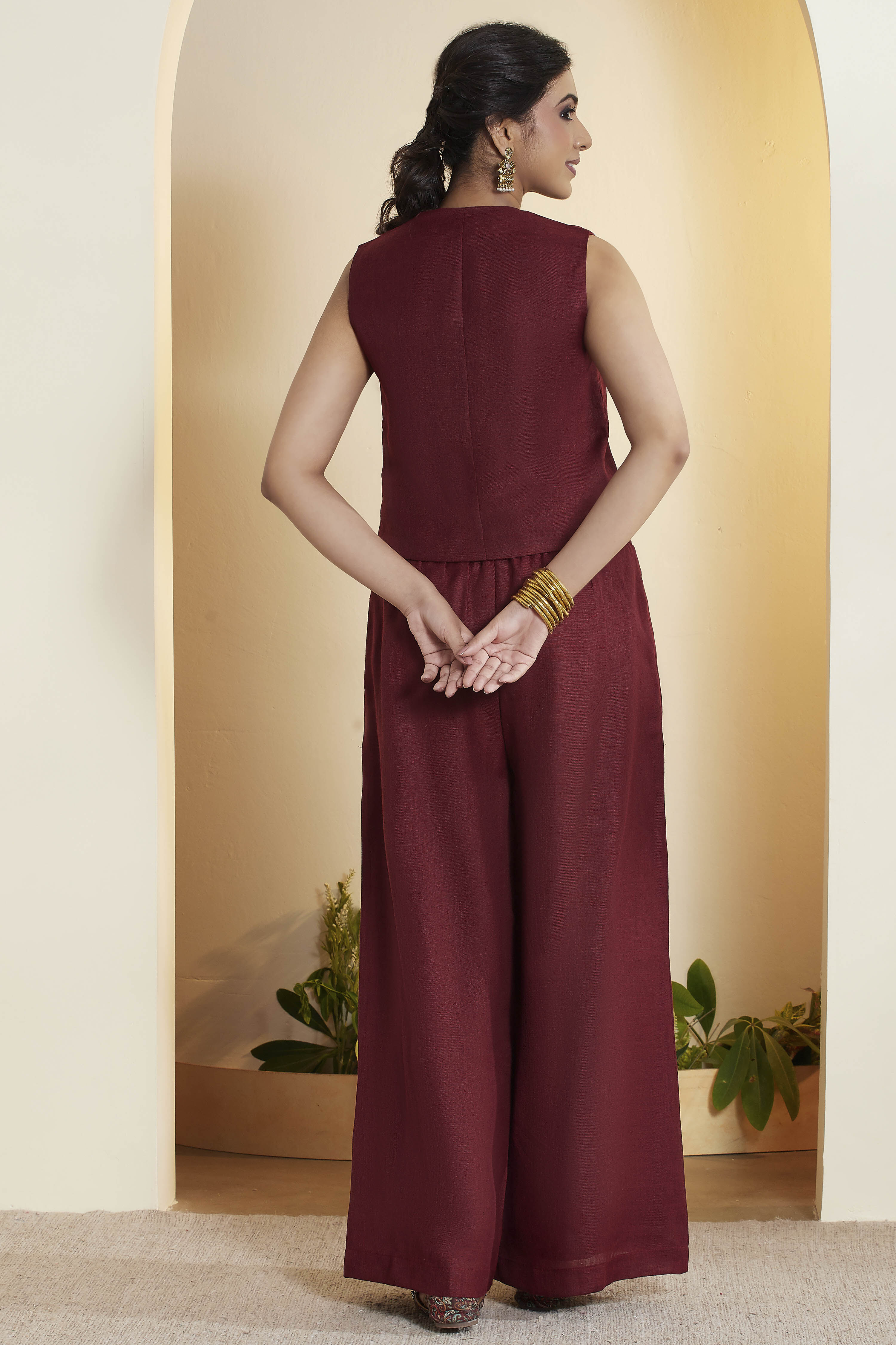 Maroon Embroidered Sleeveless Fusion Set image number 6