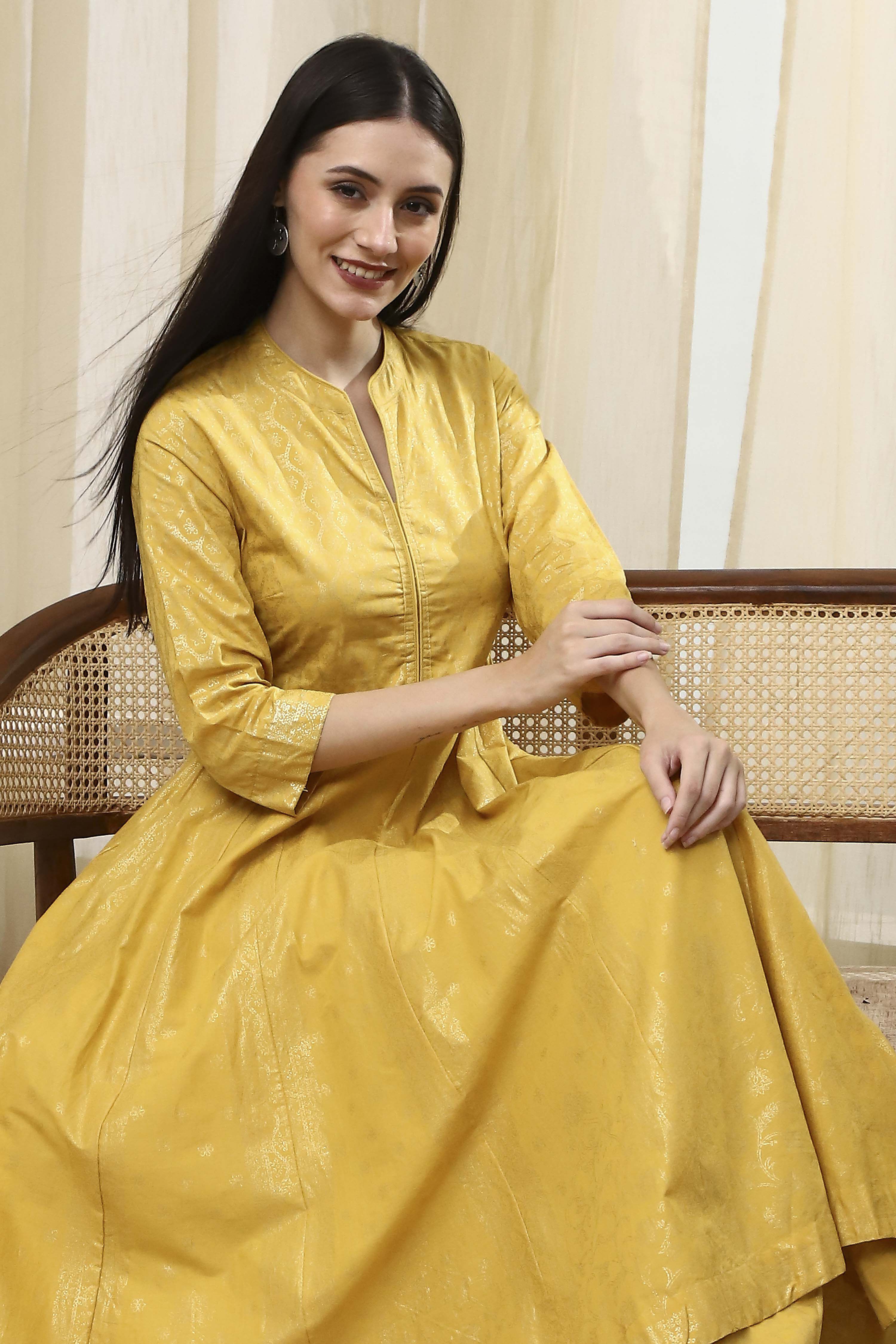 Lime Yellow Cotton Layered Anarkali Dress image number 6