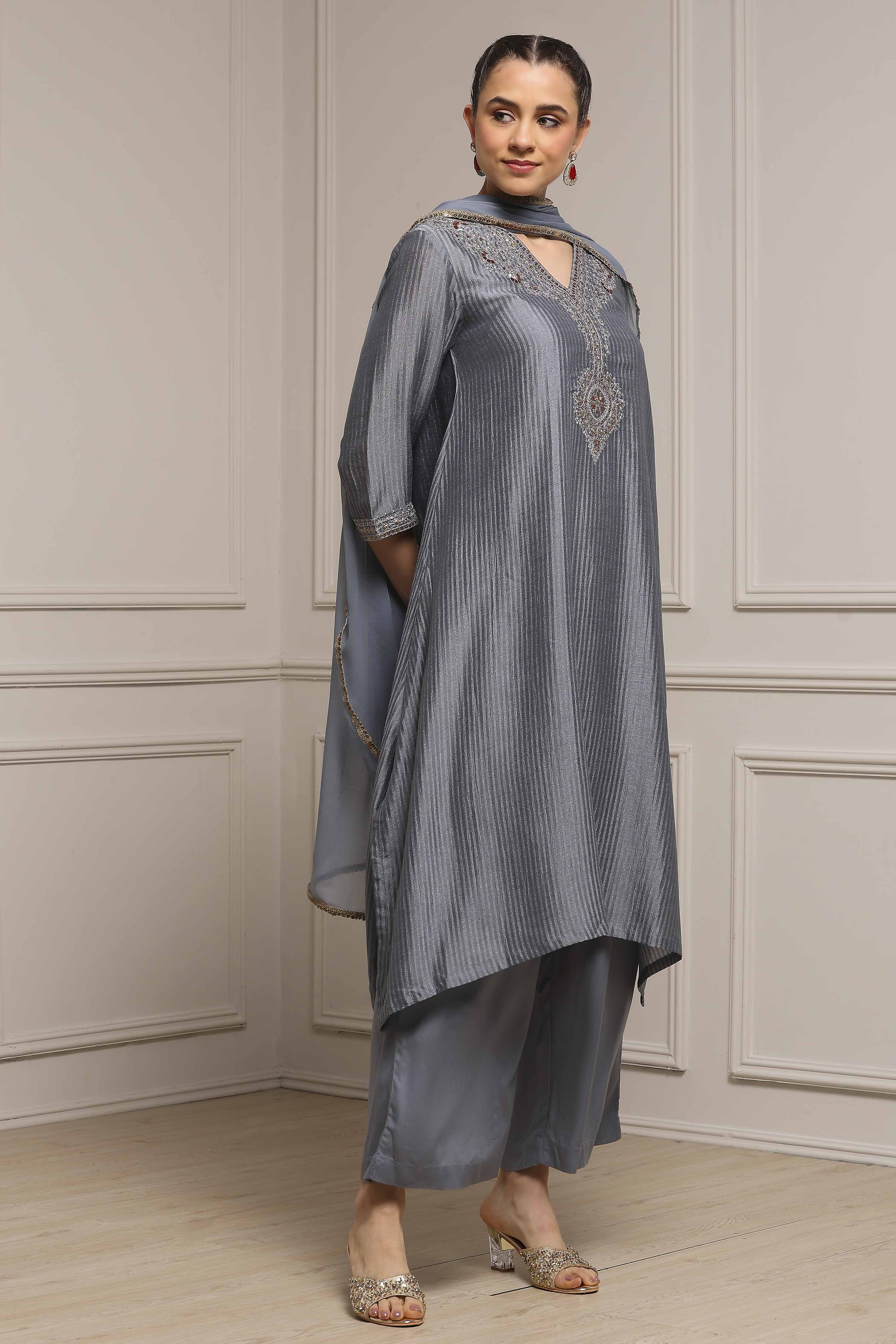 Grey Striped Straight Suit Set image number 5