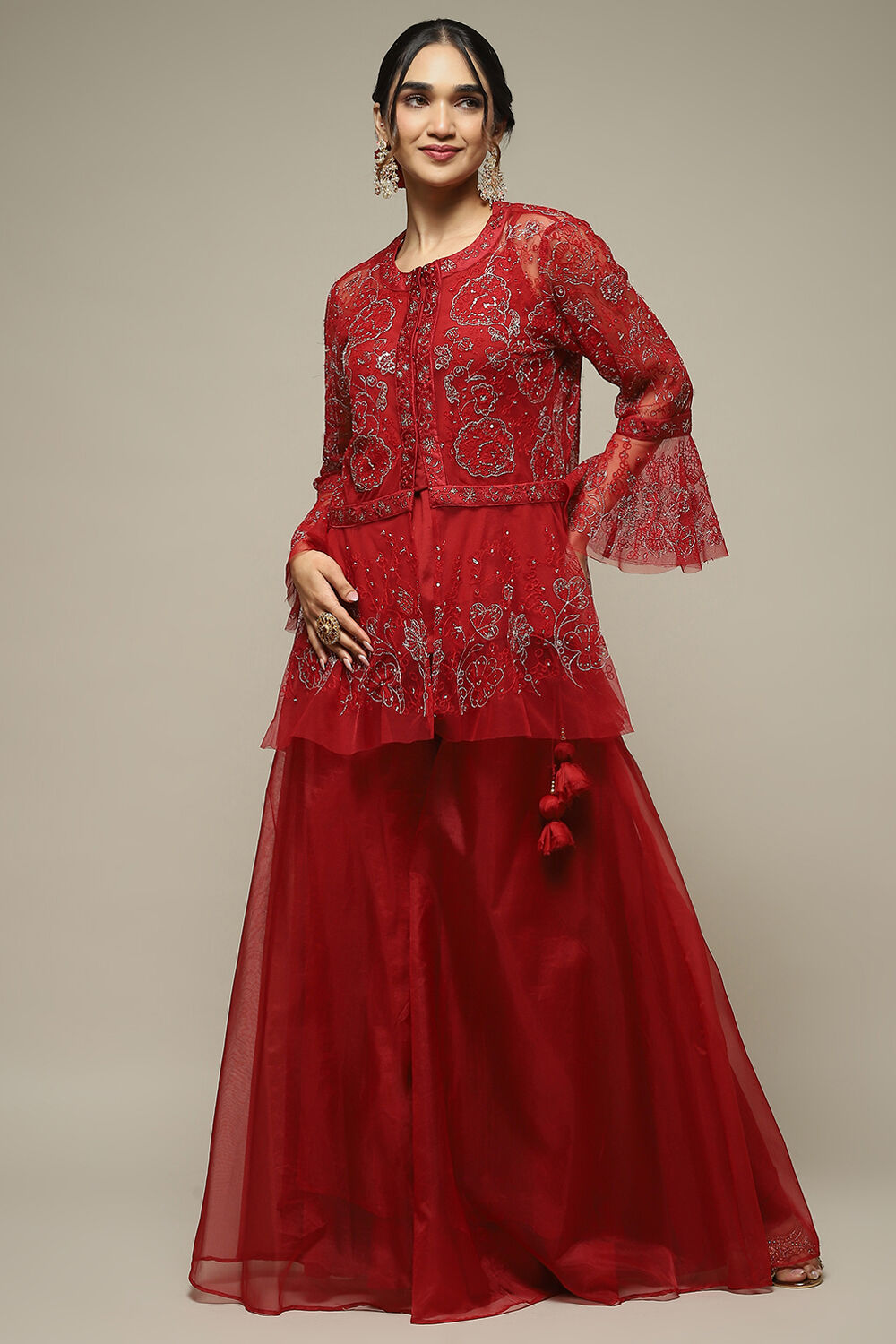 Red Nylon Straight Kurta Sharara Suit Set image number 0