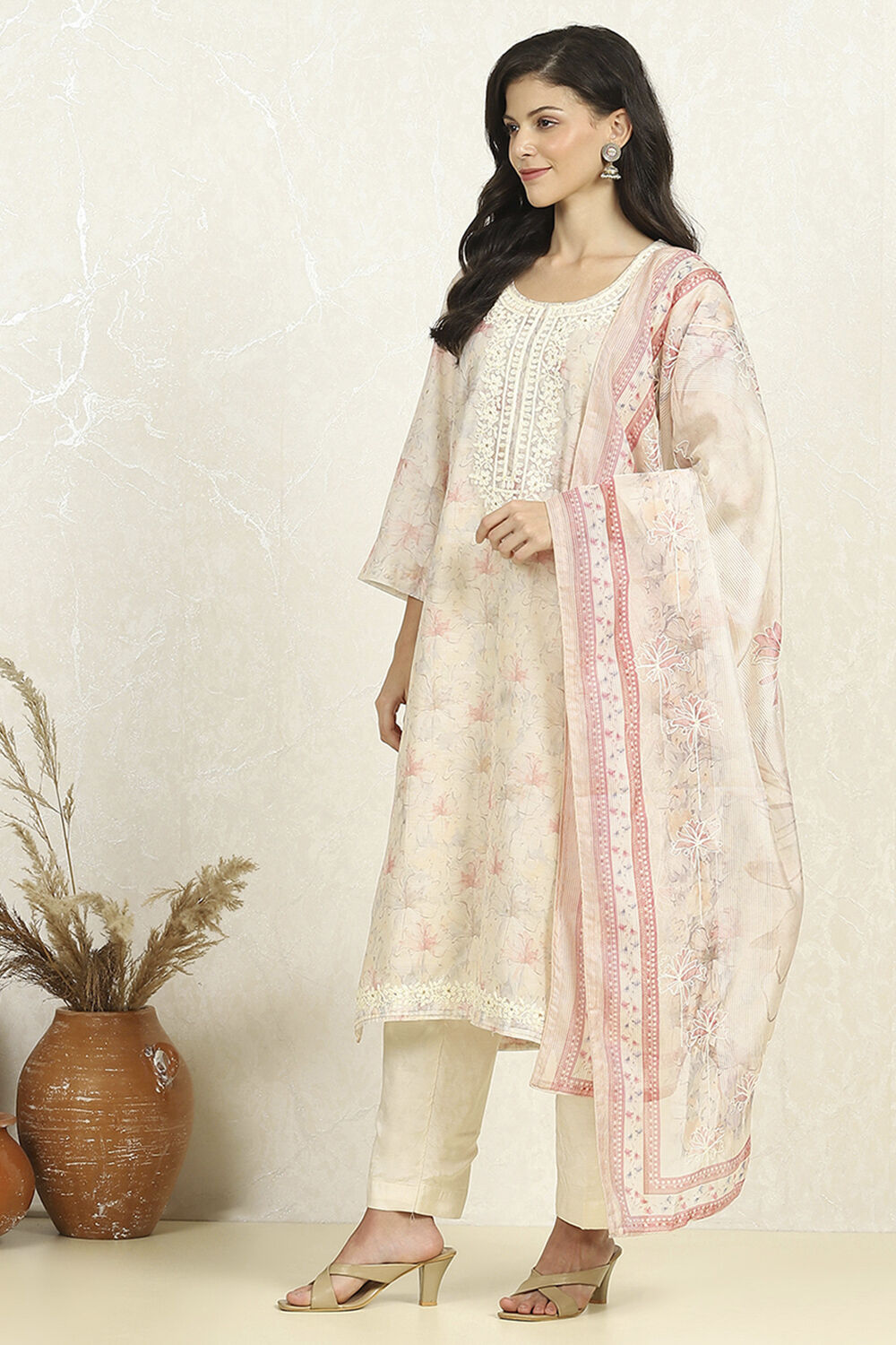 Beige Chanderi Unstitched Suit Set image number 4