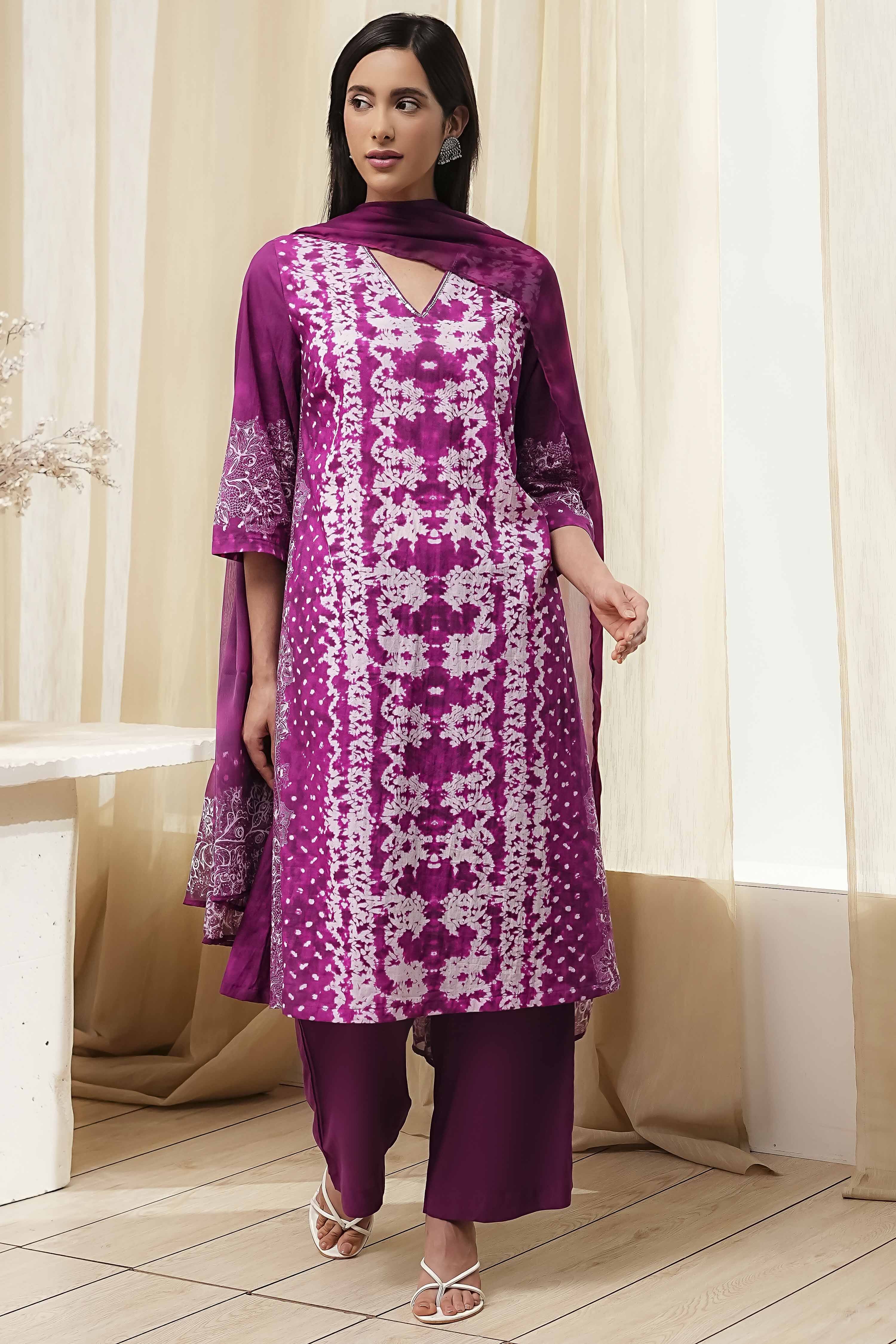 Berry Purple Cotton Straight Suit Set image number 6