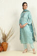 Blue Tussar Printed Unstitched Suit Set image number 5