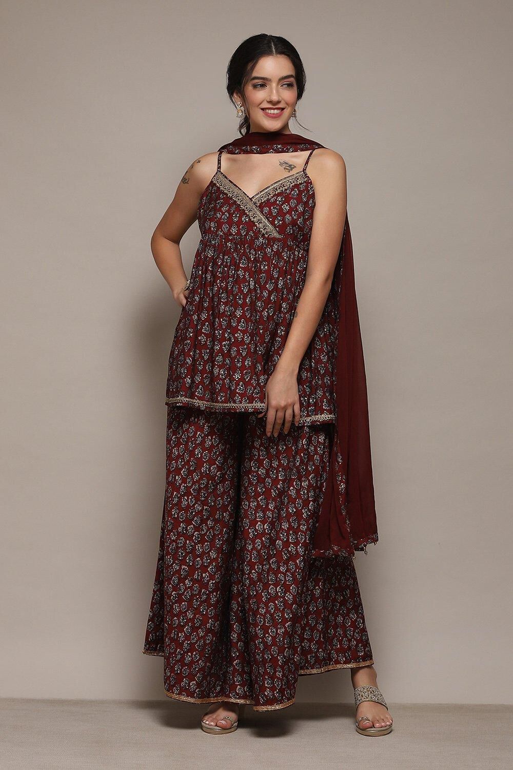 Maroon Cotton Printed Suit Set image number 0