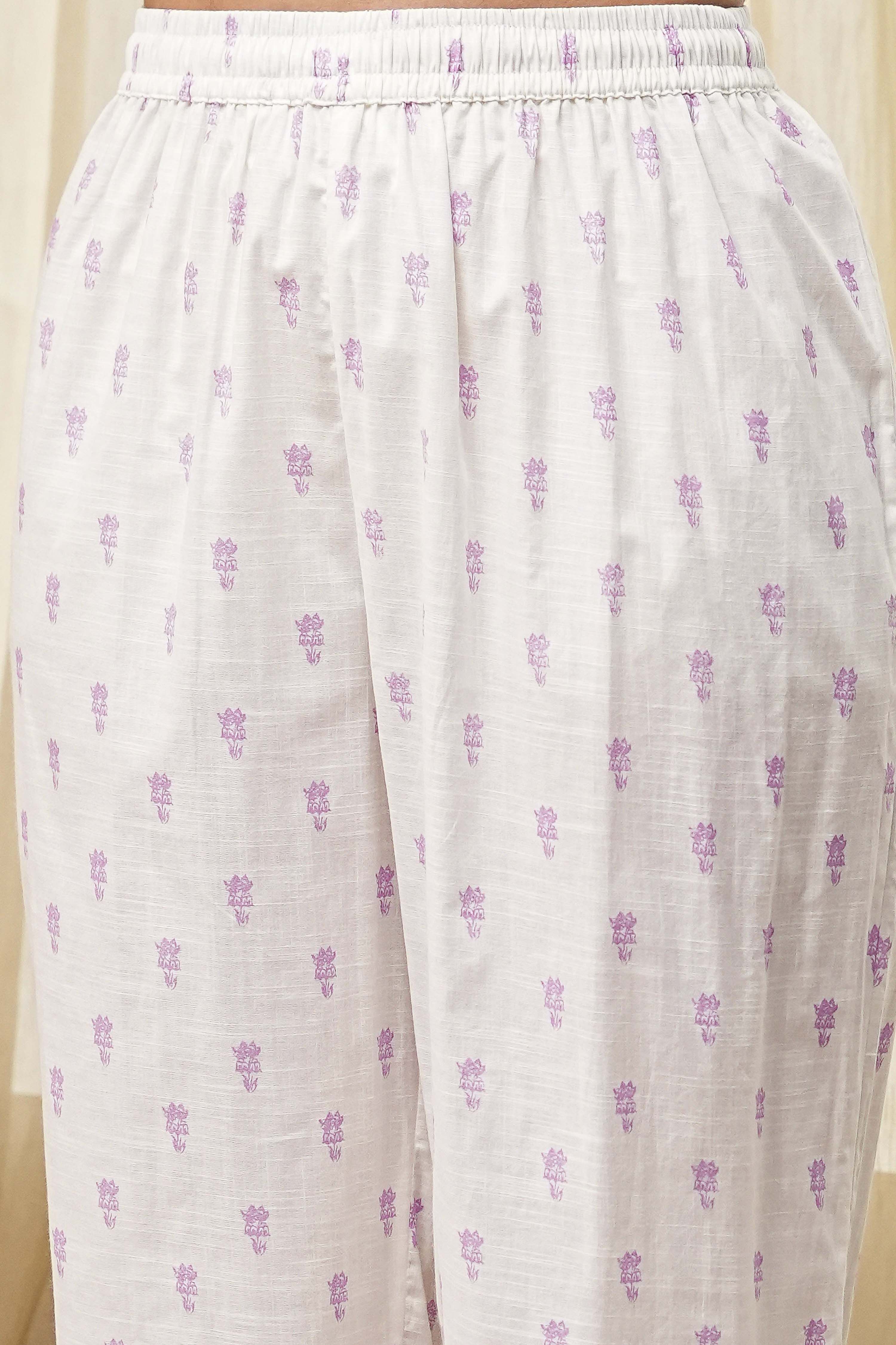 White and Pink Cotton Printed Straight Suit Set image number 2