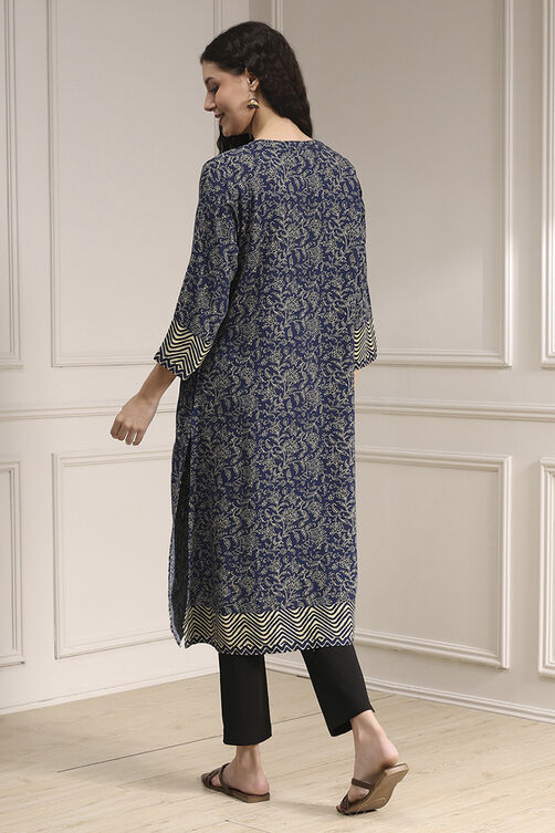 Blue Printed Straight Kurta image number 3