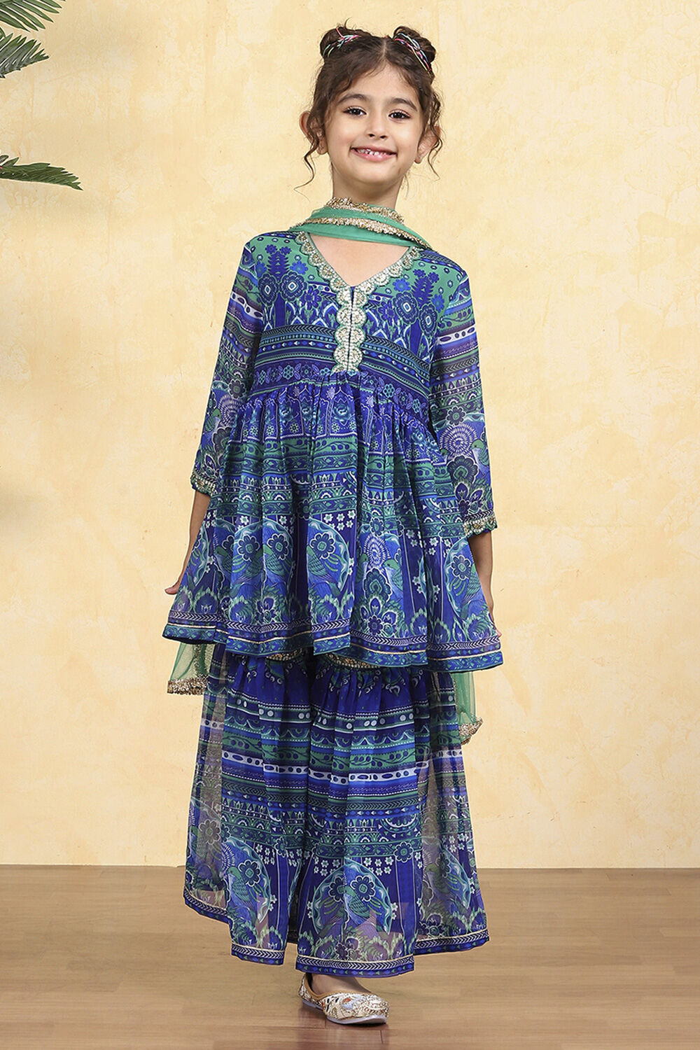 Blue Polyester Printed Gathered Sharara Suit Set image number 6