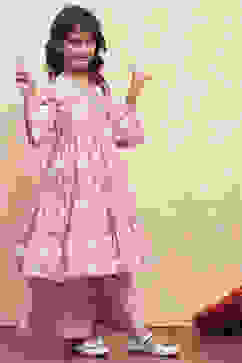 Pink Cotton Angrakha Tiered Kurta Set image number 5