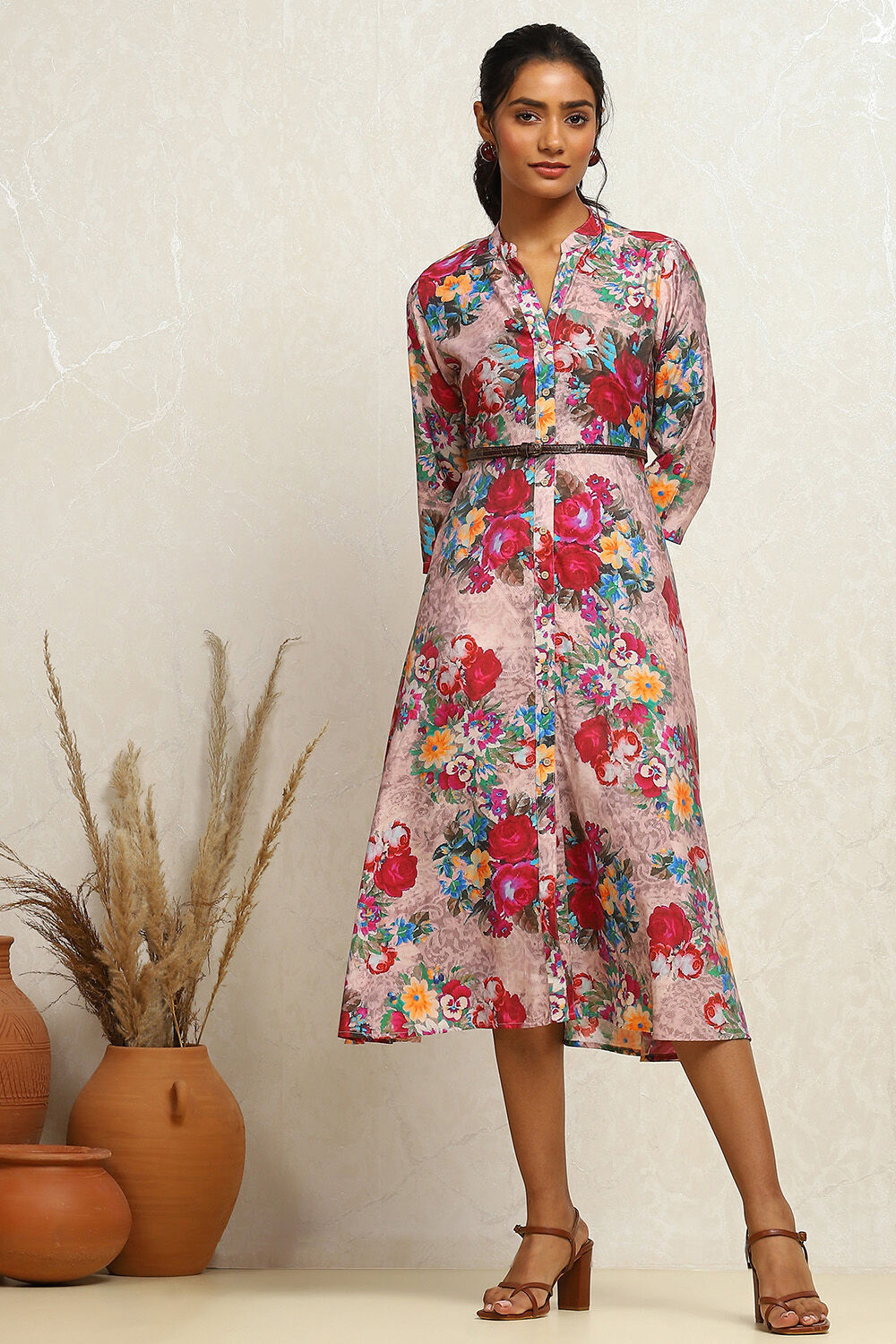 Grey Floral Printed A-Line Dress image number 0