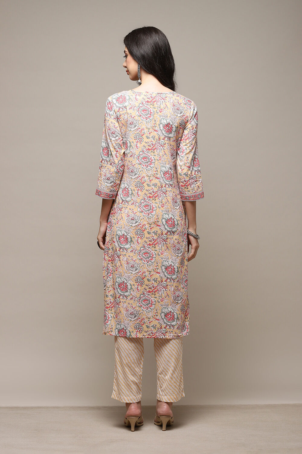 Dull Yellow Cotton Handloom Unstitched Suit Set image number 5