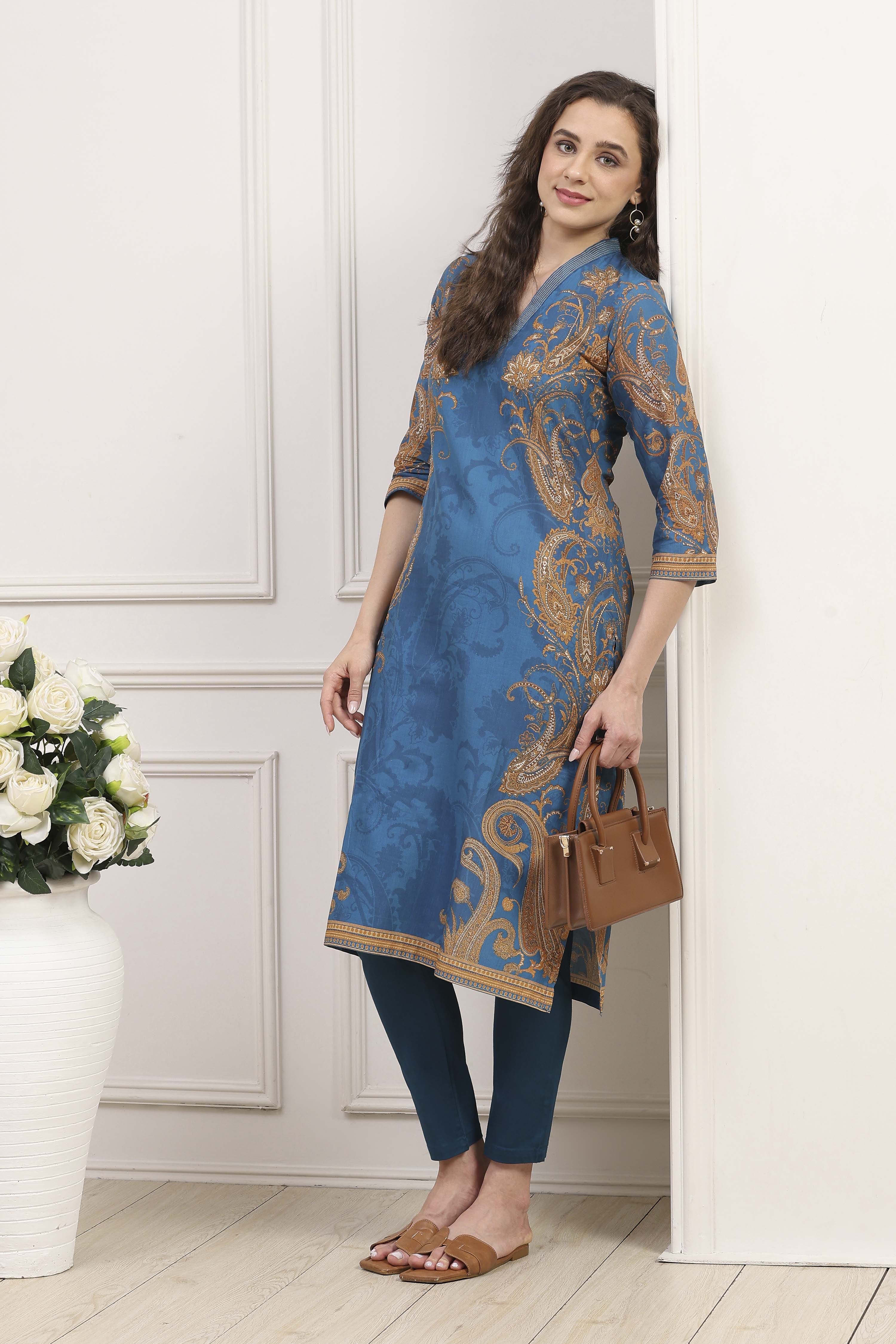 Blue Cotton A-Line Printed Kurta image number 0