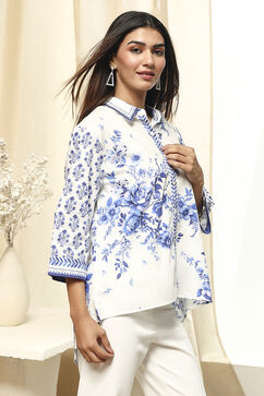 White and Blue Cotton High-Low Straight Shirt image number 4