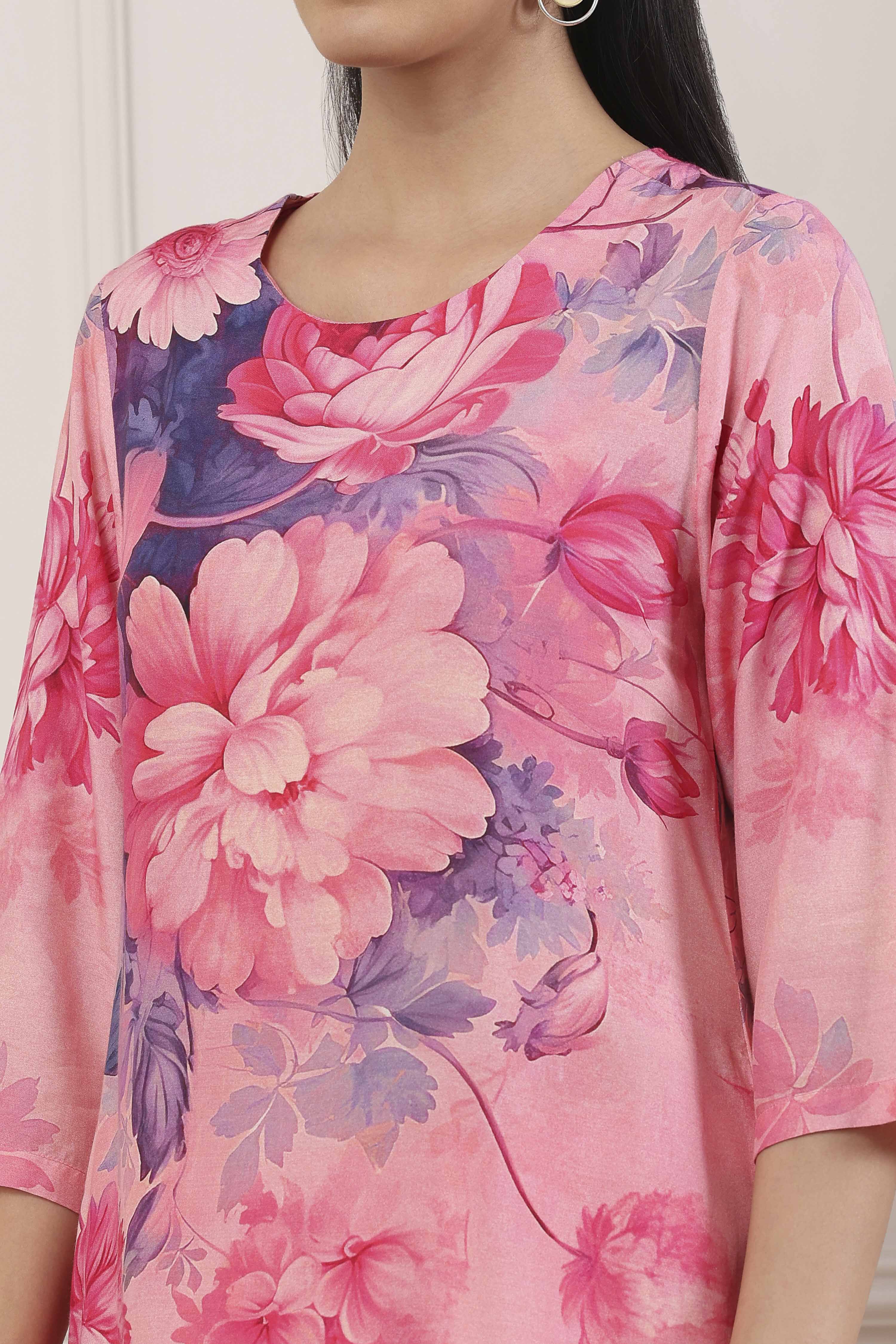 Pink Viscose Modal Straight Kurta Pants Set image number 1