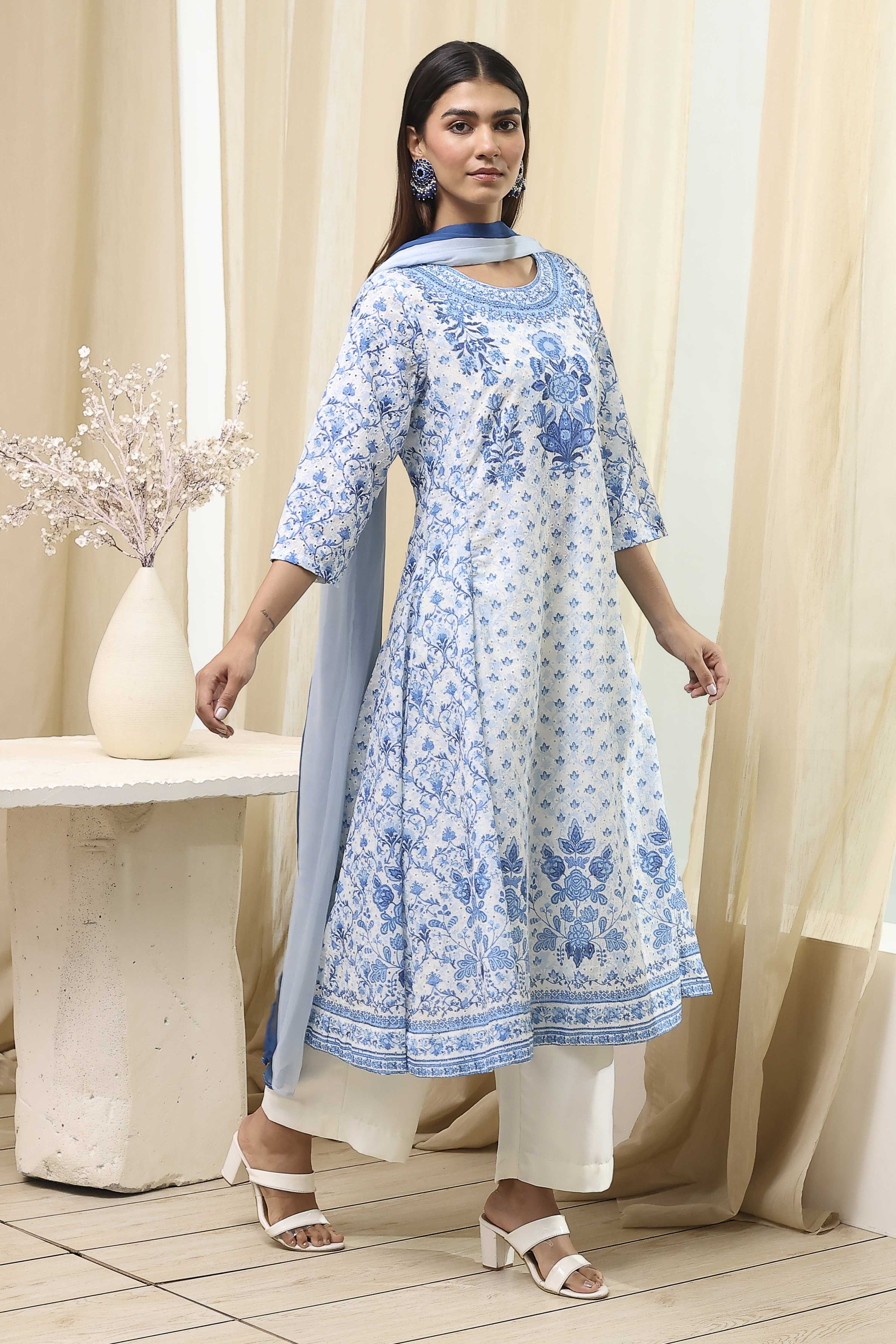 Off-White and Blue Cotton Floral Kalidar Suit Set image number 5