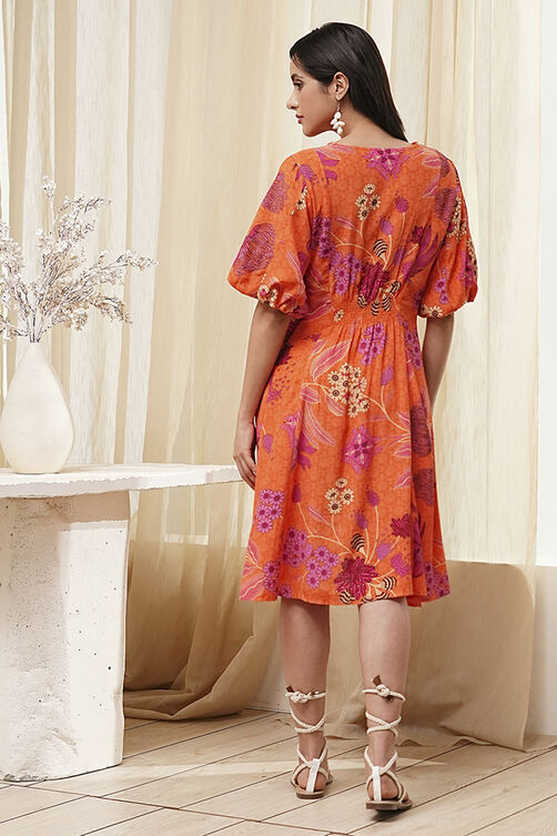 Orange Floral Printed Flared Dress image number 3