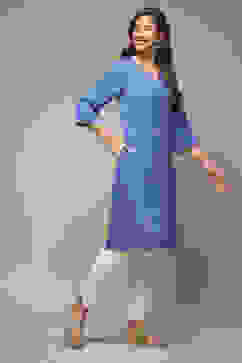 Electric Blue Viscose Straight Printed Kurta image number 4