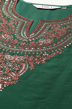 Green & Red Poly Viscose Straight Kurta Slim Pant Suit Set image number 1