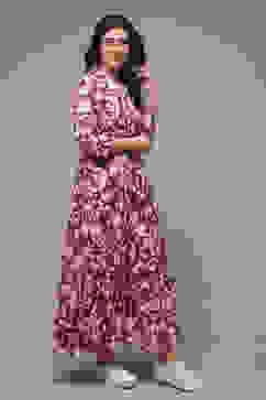 Purple Cotton Tiered Printed Dress image number 4