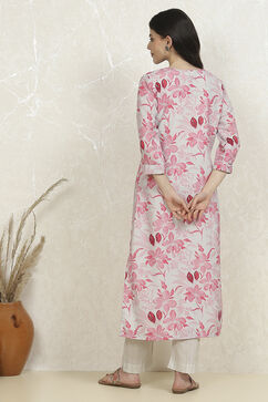 Pink and White Cotton Printed Unstitched Suit Set image number 5