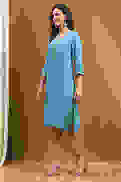 Frost Blue Solid Regular Fit Straight Kurta image number 2