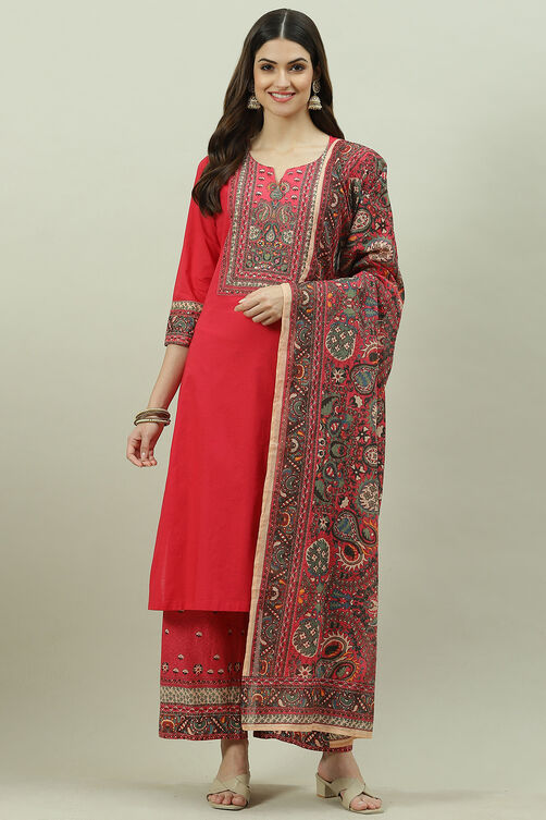 Red Cotton Straight Kurta Palazzo Suit Set image number 0