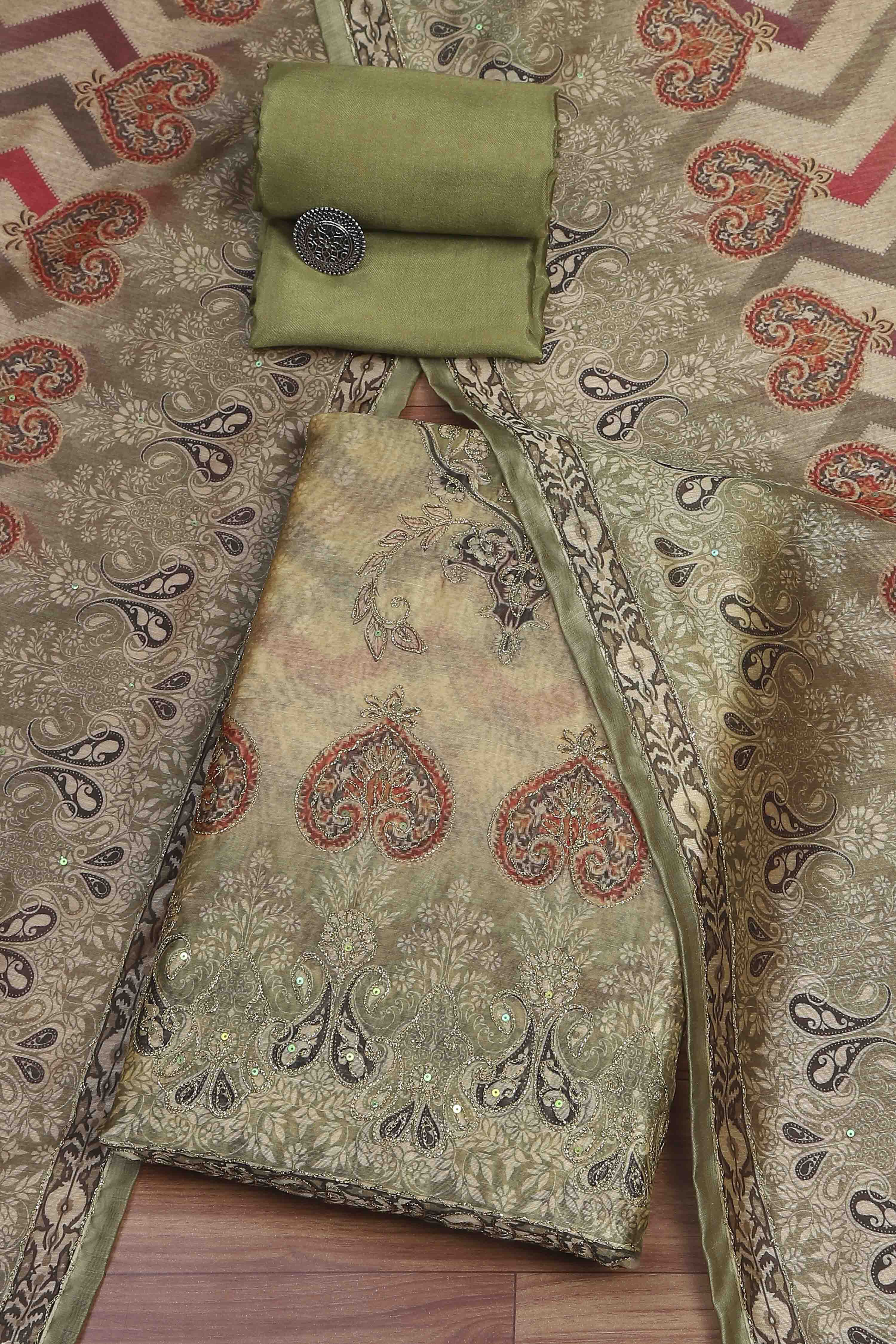 Olive Chanderi Unstitched Suit Set image number 0