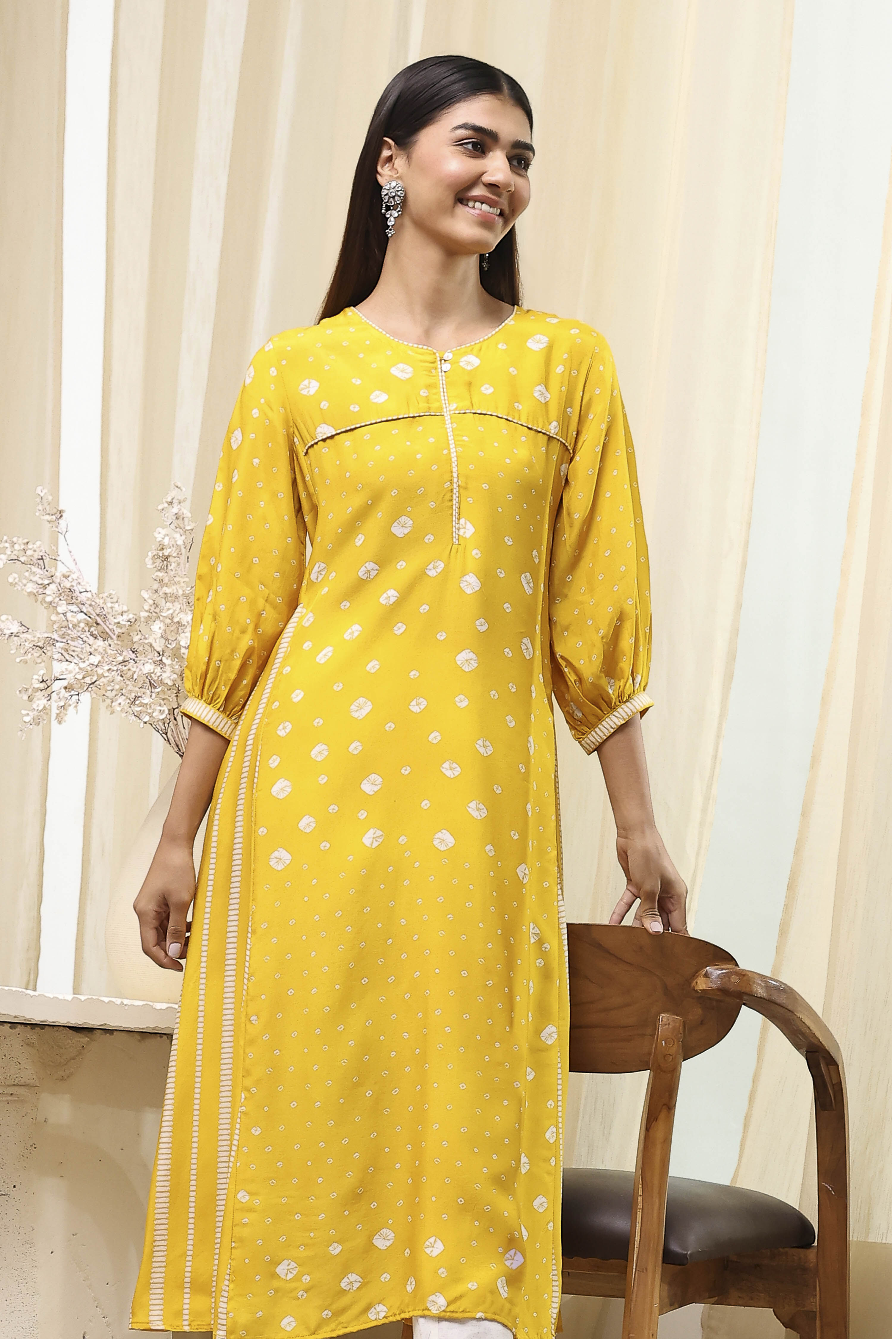 Mustard Yellow Modal Printed A-Line Kurta image number 6