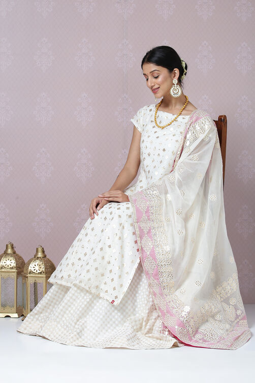 Off White Poly Metallic Cotton Straight Kurta Skirt Suit Set image number 0