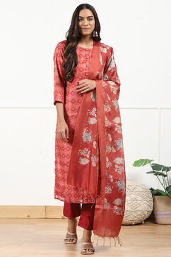 Red Linen Blend Digital Print Unstitched Suit Set image number 1
