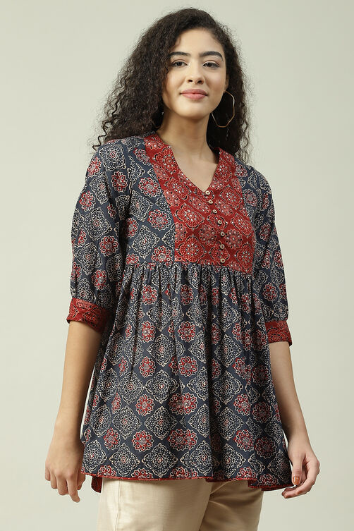 Rust Cotton Flared Printed Short Kurti image number 3
