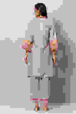 Grey Art Silk Straight Kurta Slim Pant Suit Set image number 4