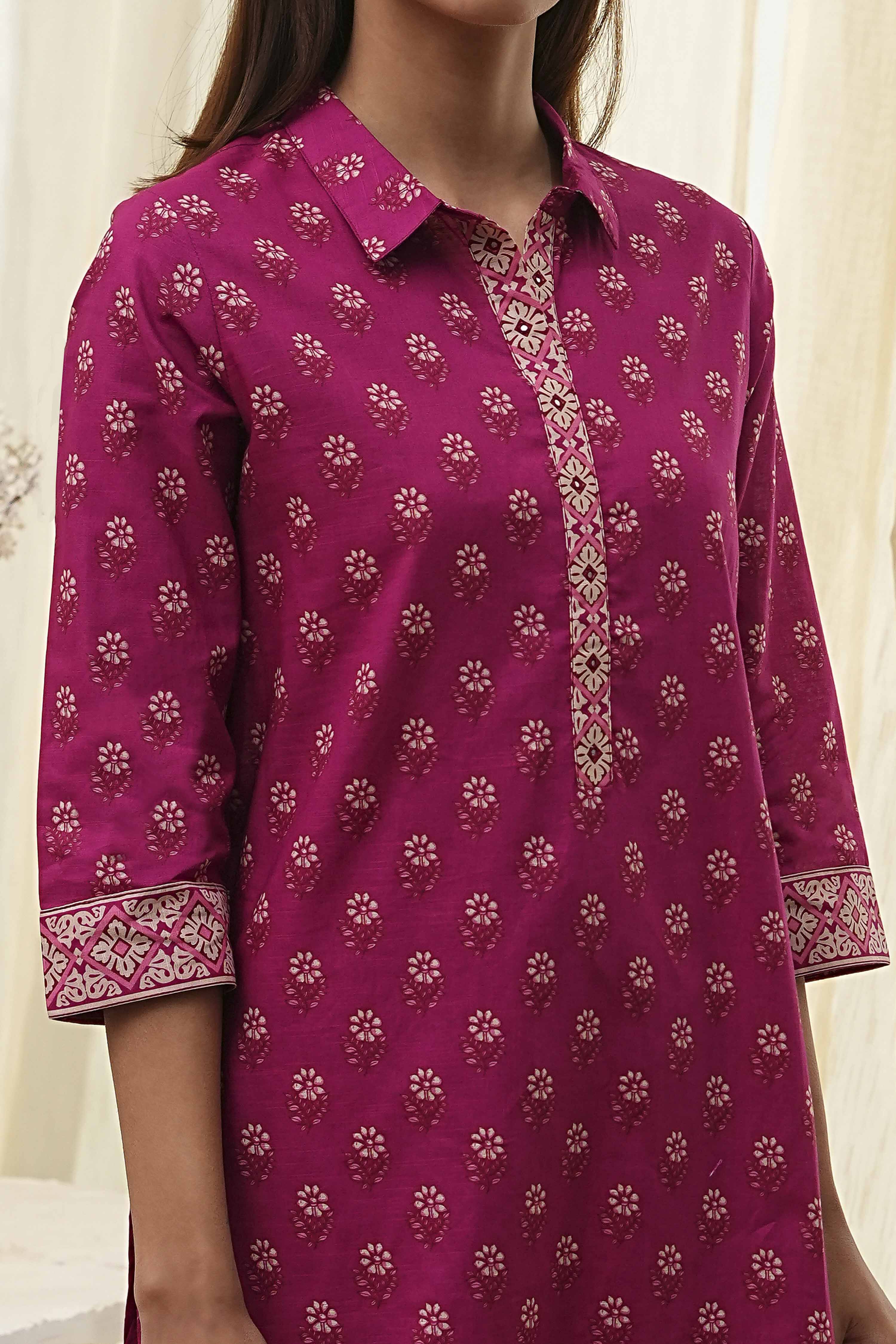 Plum Red Cotton Printed Kurta Set image number 1