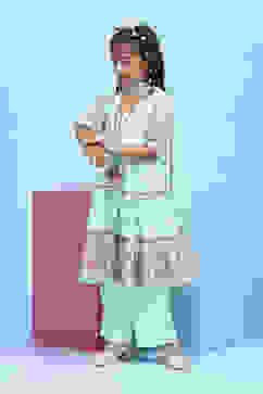 Green Cotton Printed Tiered Suit Set image number 3