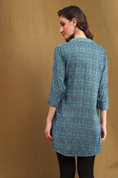 Blue Floral Printed Straight Kurti image number 3