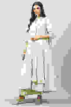 Off White Cotton Anarkali Kurta Lehenga Suit Set image number 5