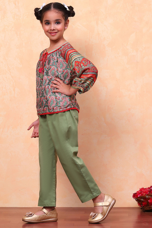 Green Viscose Blend Printed Top and Pant Set image number 3