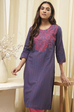 Purple Cotton Straight Printed Kurta image number 6