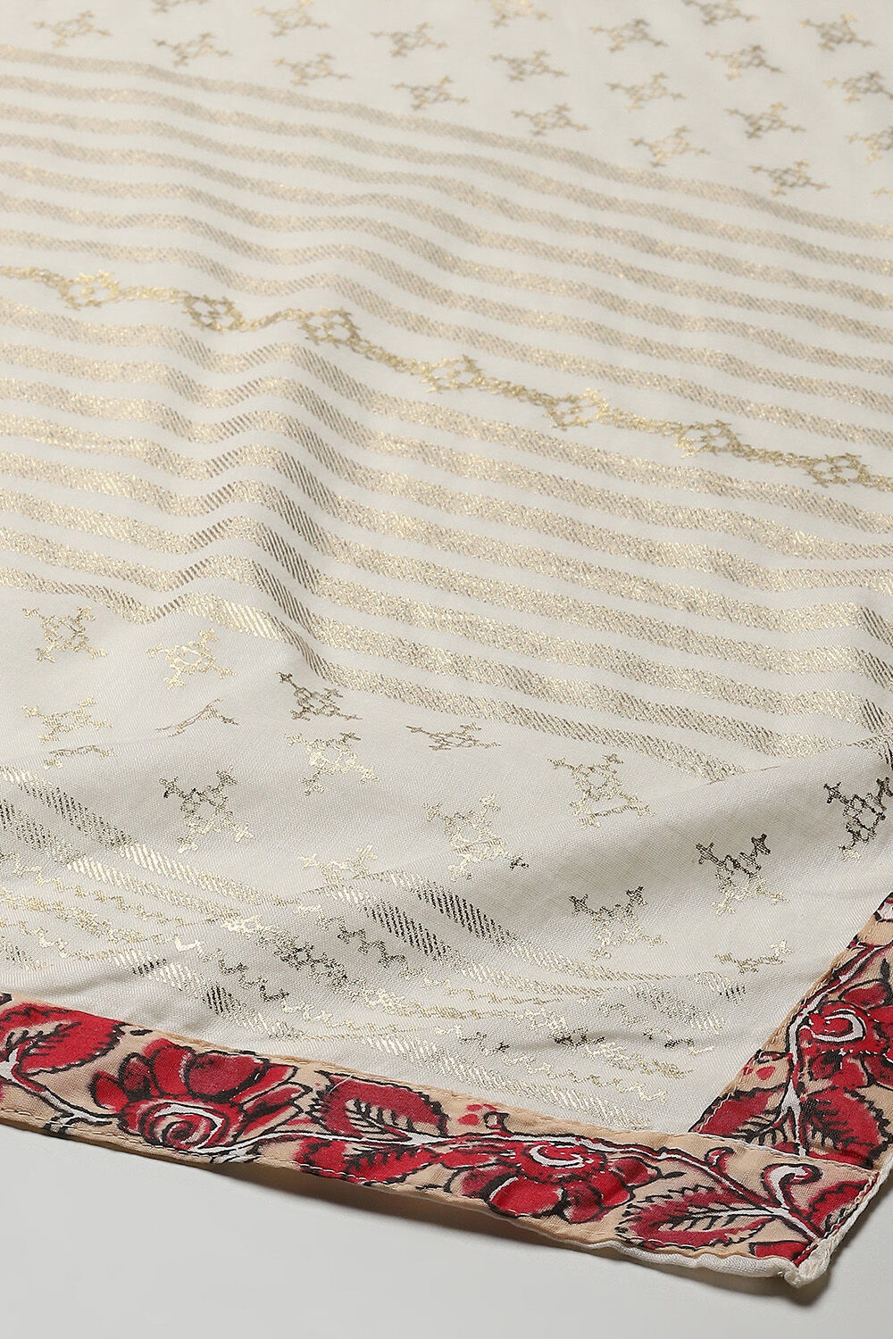 Off White Cotton Layered Printed Kurta Churidar Suit Set image number 2