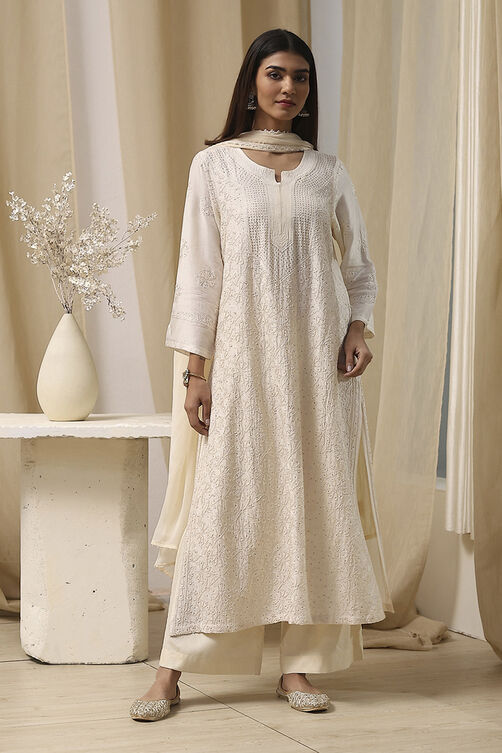 Off-White Modal Chikankari Straight Suit Set image number 6