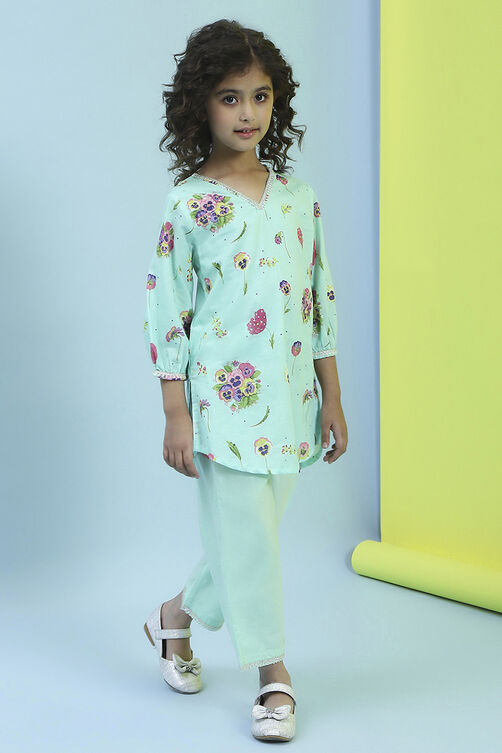 Turquoise Cotton Straight Suit Set image number 5