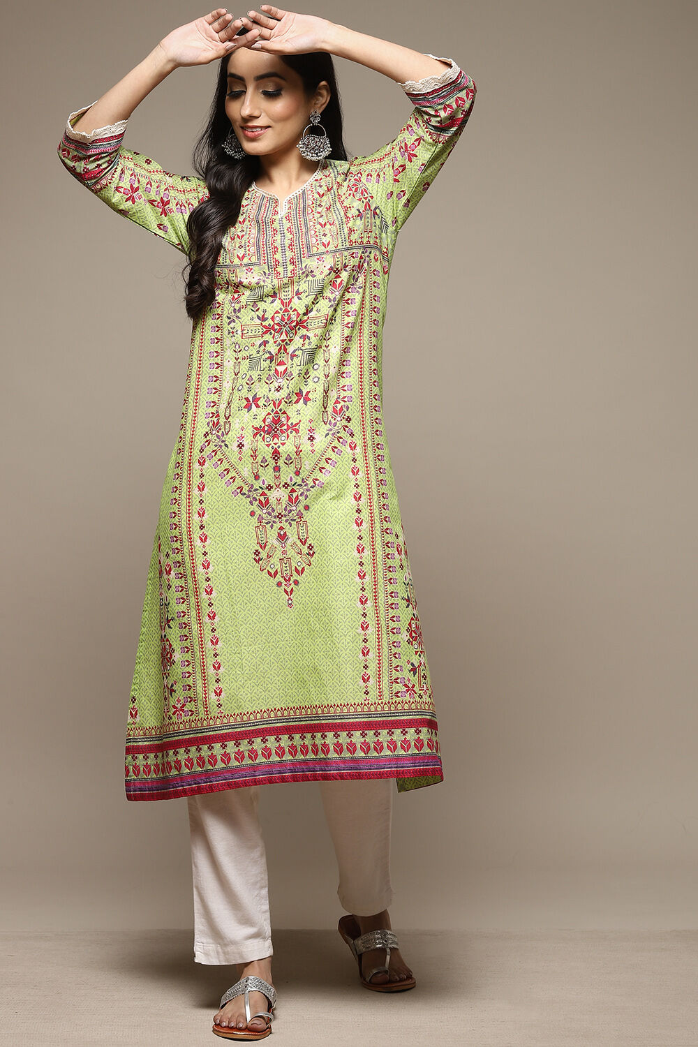 Green Cotton Straight Printed Kurta image number 5