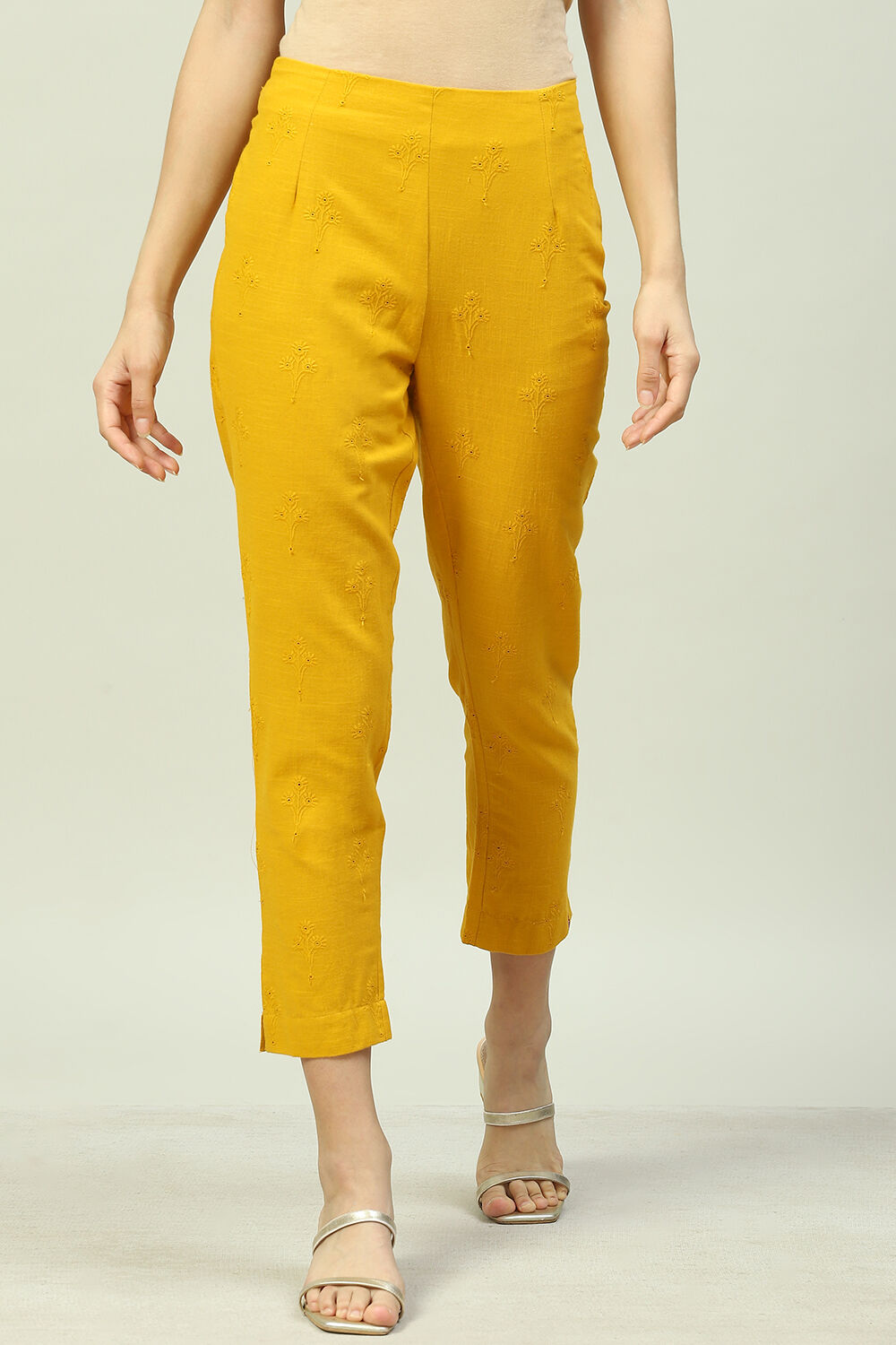 Off White Cotton Embroidered Pants image number 0